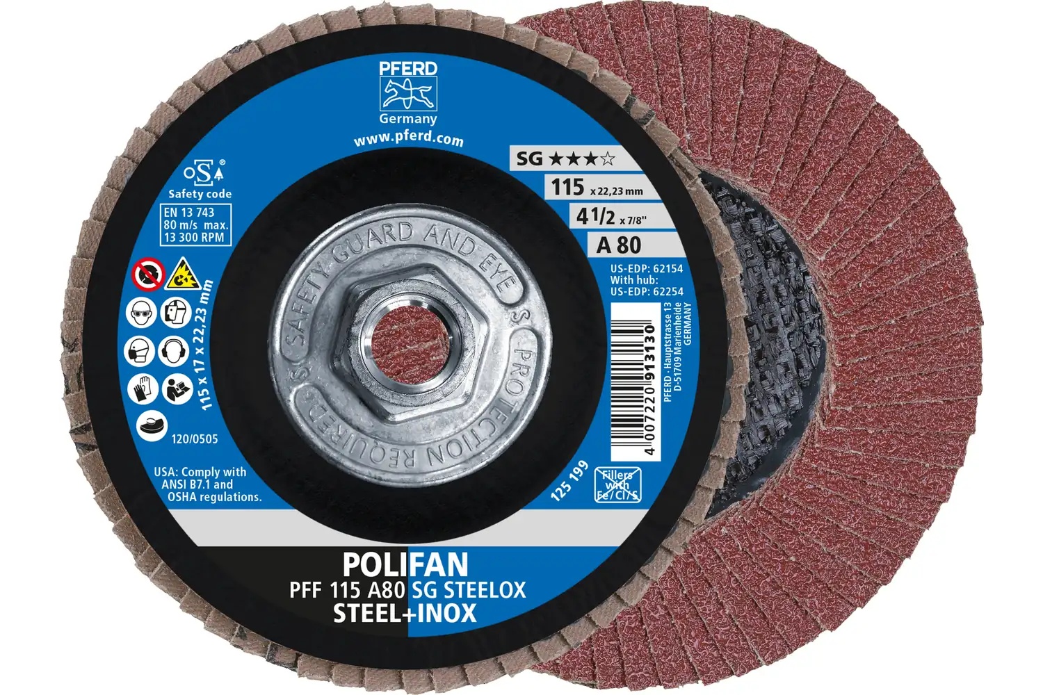 Picture of Pferd Flap Disc, 4-1/2" x 5/8-11, A SG Steelox, 80 Grit, T27, Flat, Aluminum oxide